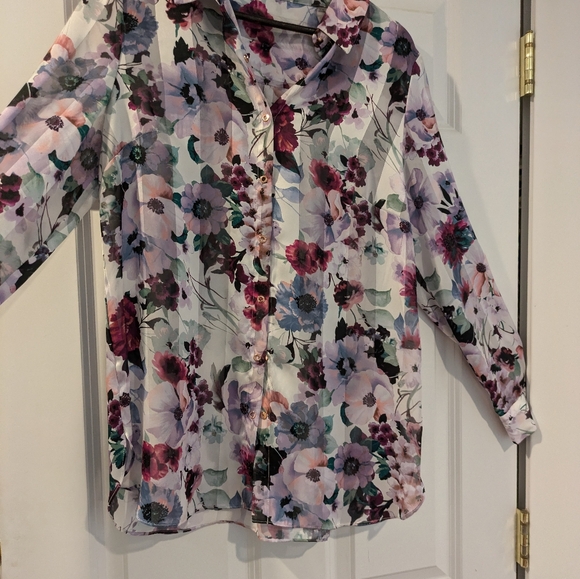 T Tahari Floral Stripe Snap Front Blouse Satin M - Picture 4 of 14